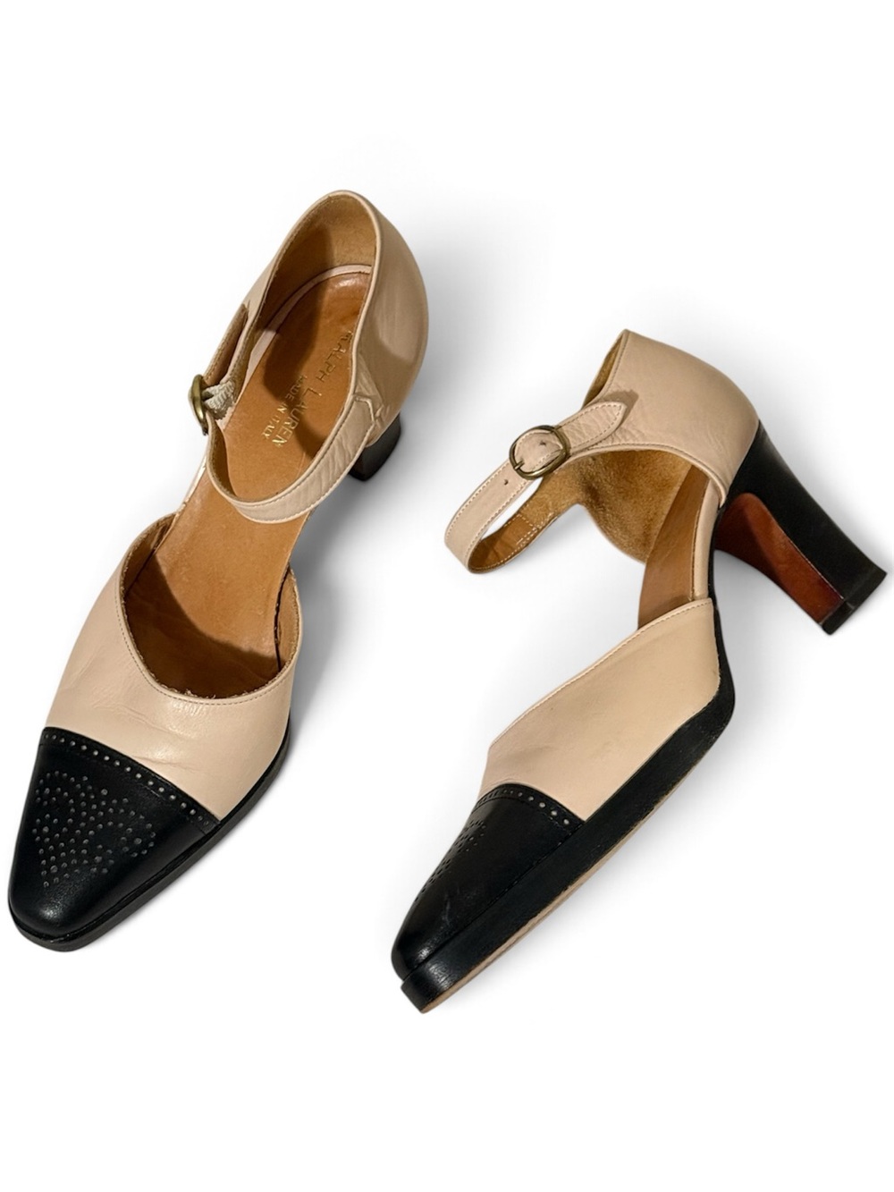 Ralph Lauren Two-Tone Beige and Black Mary Jane Block Heels